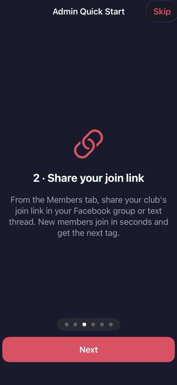 Admin Quick Start screen: share your club's join link so new members join in seconds.