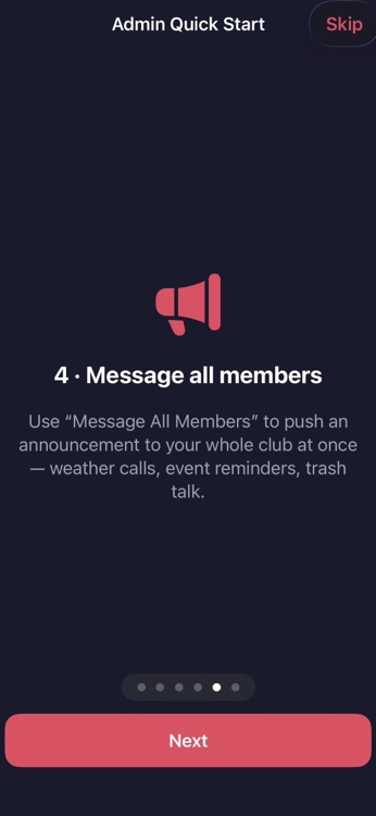 Admin Quick Start screen: message all members to push an announcement to the whole club at once.