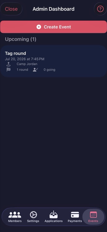 DiscGolfRankings admin dashboard showing an upcoming tag round event with a Create Event button.