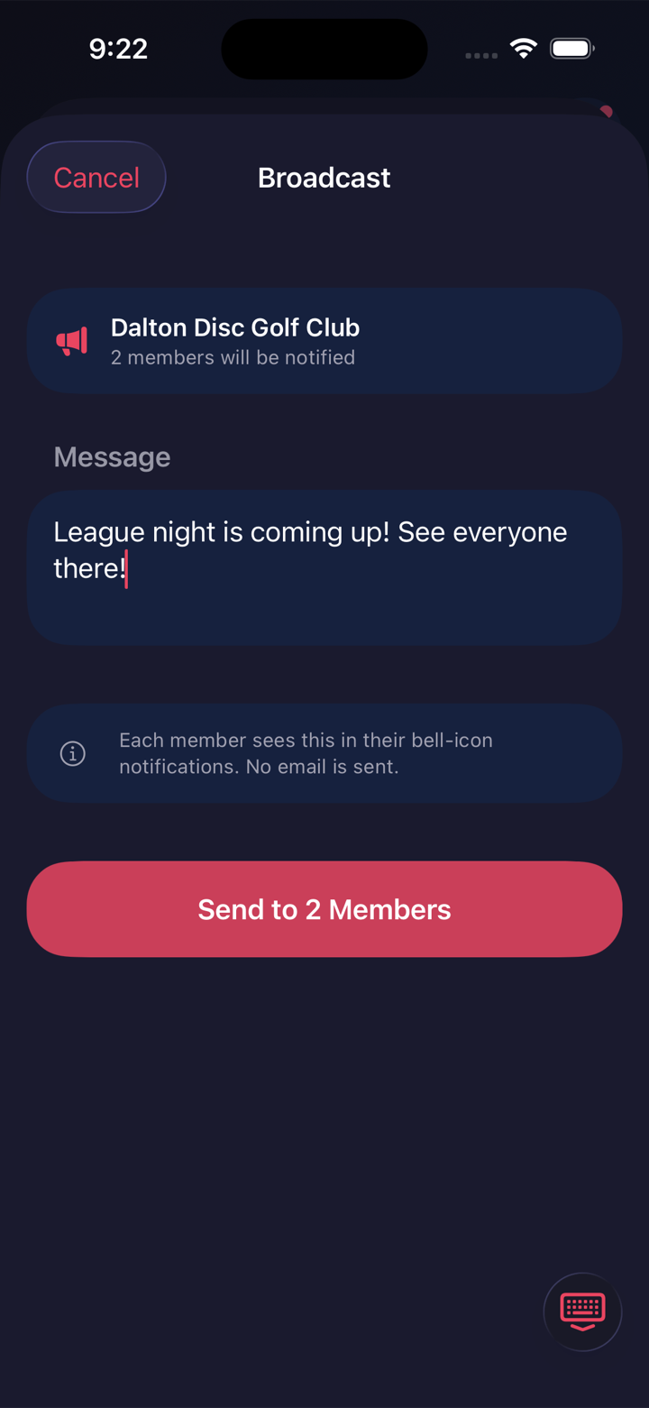 Broadcast screen composing a message that notifies every club member at once.