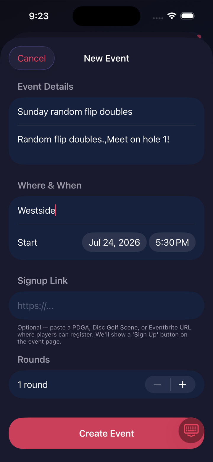 New event form with a title, date, location and signup link to create a tag round.