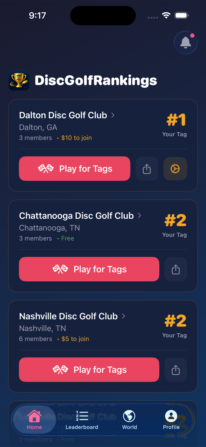 DiscGolfRankings home screen listing your disc golf clubs with your current bag tag number in each.