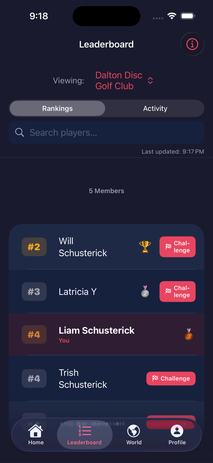 Club leaderboard showing members in tag order with a button to challenge another player.