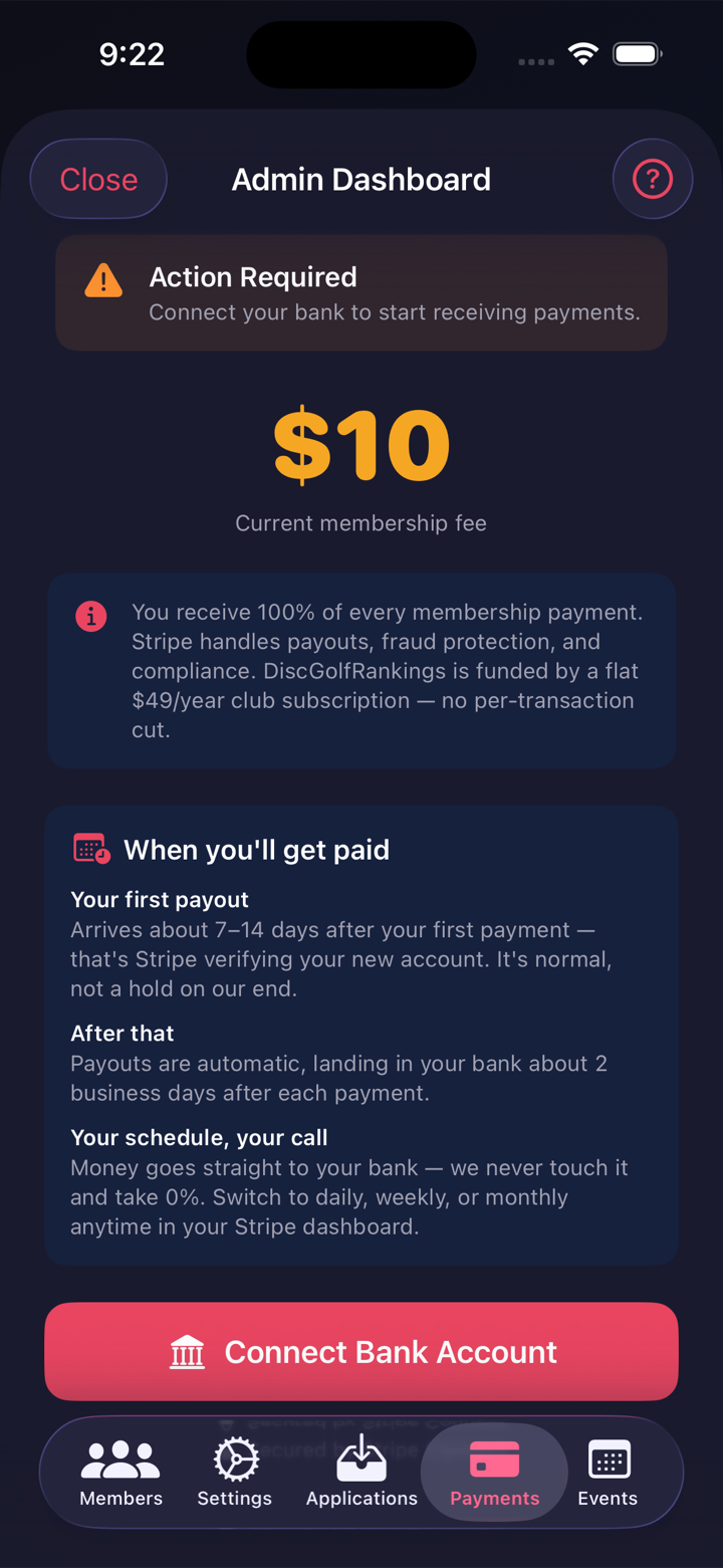 Admin payments screen explaining the club keeps 100% of member payments and when payouts arrive.