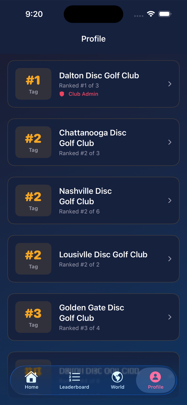Player profile listing every club you belong to and your current tag in each.