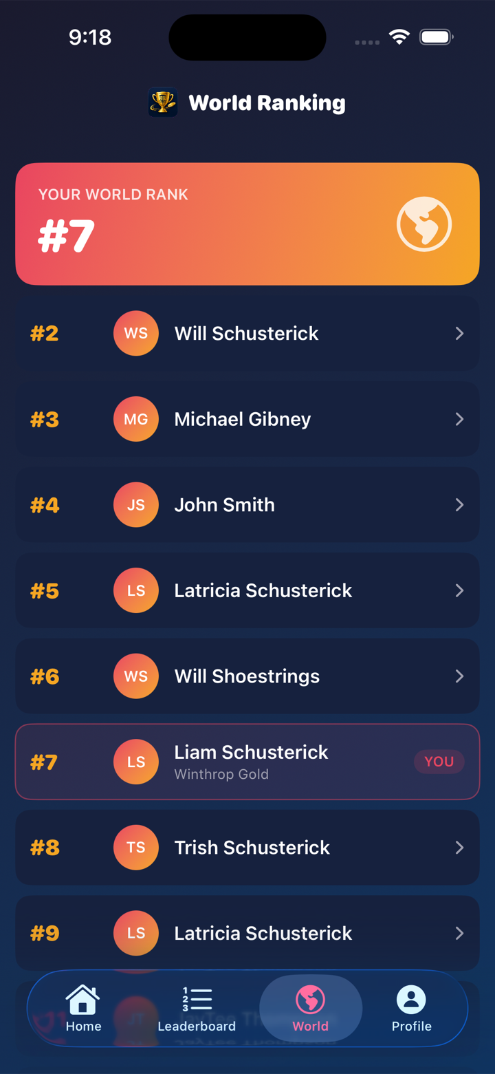 World Ranking screen showing your global rank and a live leaderboard of players.